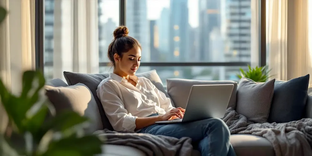 Donna che paga le spese condominiali online comodamente seduta sul divano